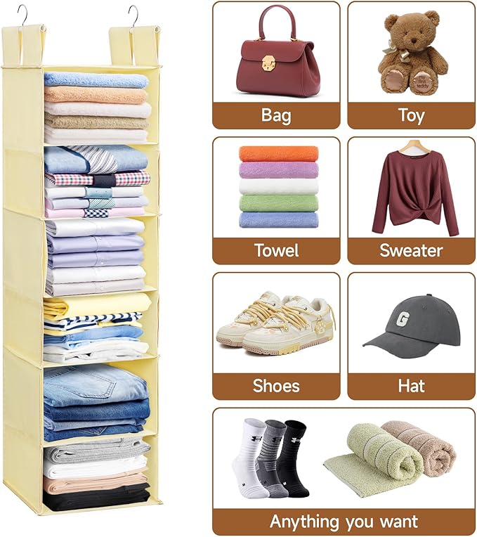 Posprica Interchangeable Hanging Closet Organizer – 6 Slim Tiers or 3 Spacious