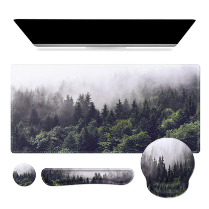 iCasso Desk Mat, Gaming Mouse Pad Wrist Support Set,4in1 XXL Large Mousepad + Keyboard Wrist Rest+Mouse Wrist Rest+Coaster Set with Ergonomic Design for Home Office Table Computer-Forest
