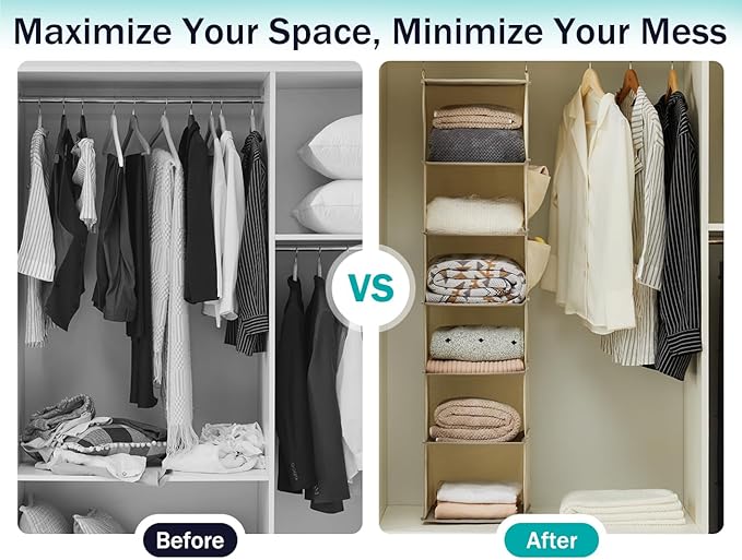 YOUDENOVA Hanging Closet Organizer, 6-Shelf Closet Hanging Storage Shelves
