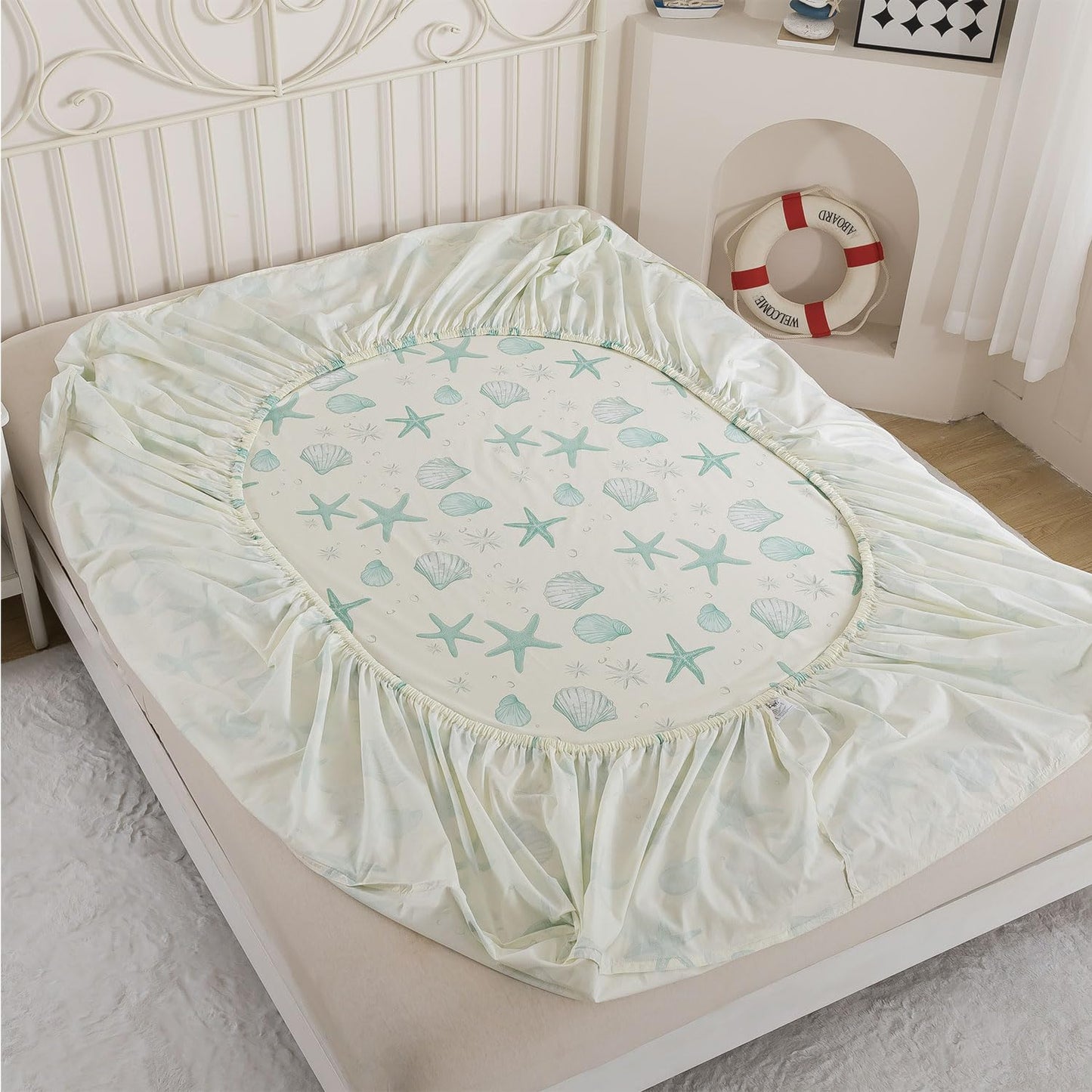 FADFAY 100% Cotton Coastal Sheet Set Queen – Ultra Soft Breathable Beach Bedding, Seafoam Green Starfish & Seashell Print, Ocean Themed Bed Sheets for Coastal Bedroom Decor, Deep Pocket, 4 Piece Set