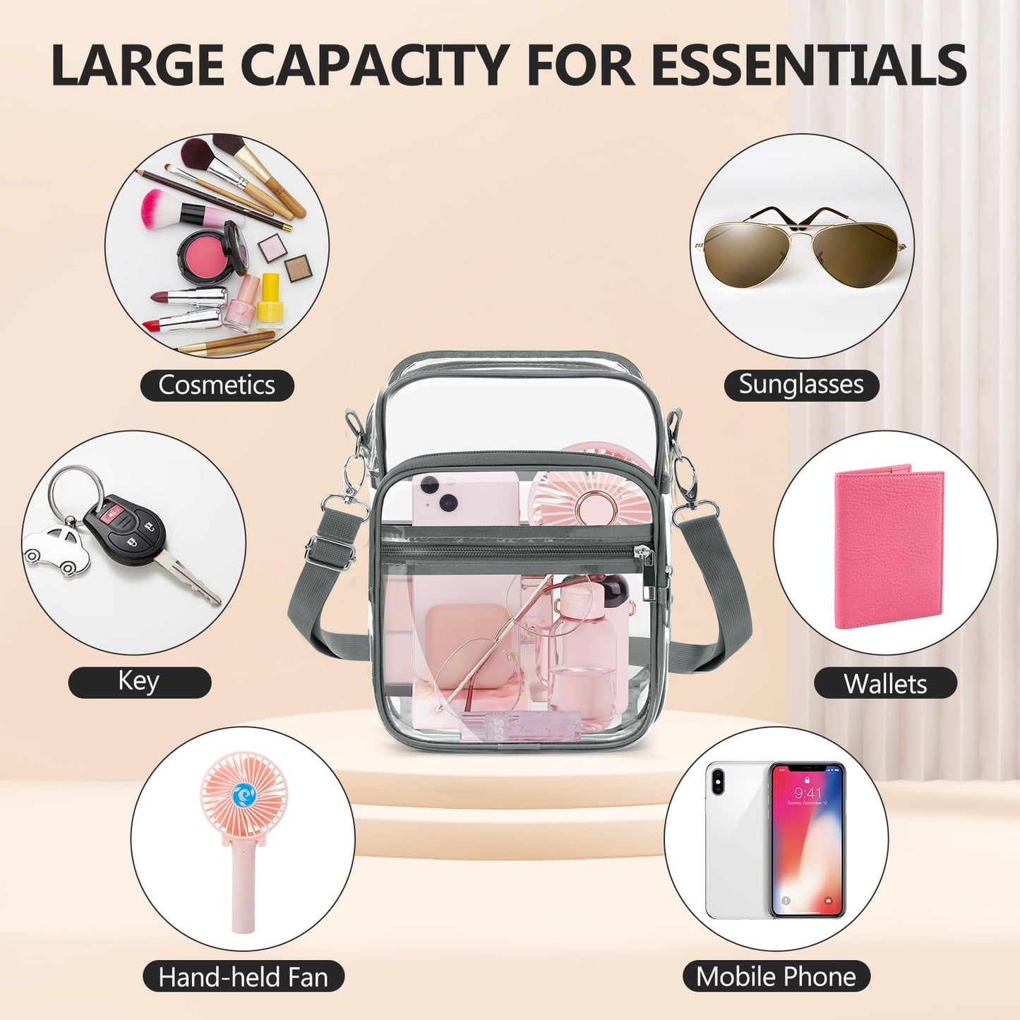 Blvornl Clear Crossbody Bag with Adjustable Shoulder Strap, Stadium Approved PVC Purse Bag, Messenger Bag