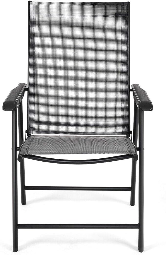 Giantex Set of 2 Patio Folding Chairs, Outdoor Chairs with Armrest, Portable Dining Chairs for Porch Camping Pool Beach Deck Lawn Garden, 2-Pack Patio Sling Chairs, Metal Frame, Grey