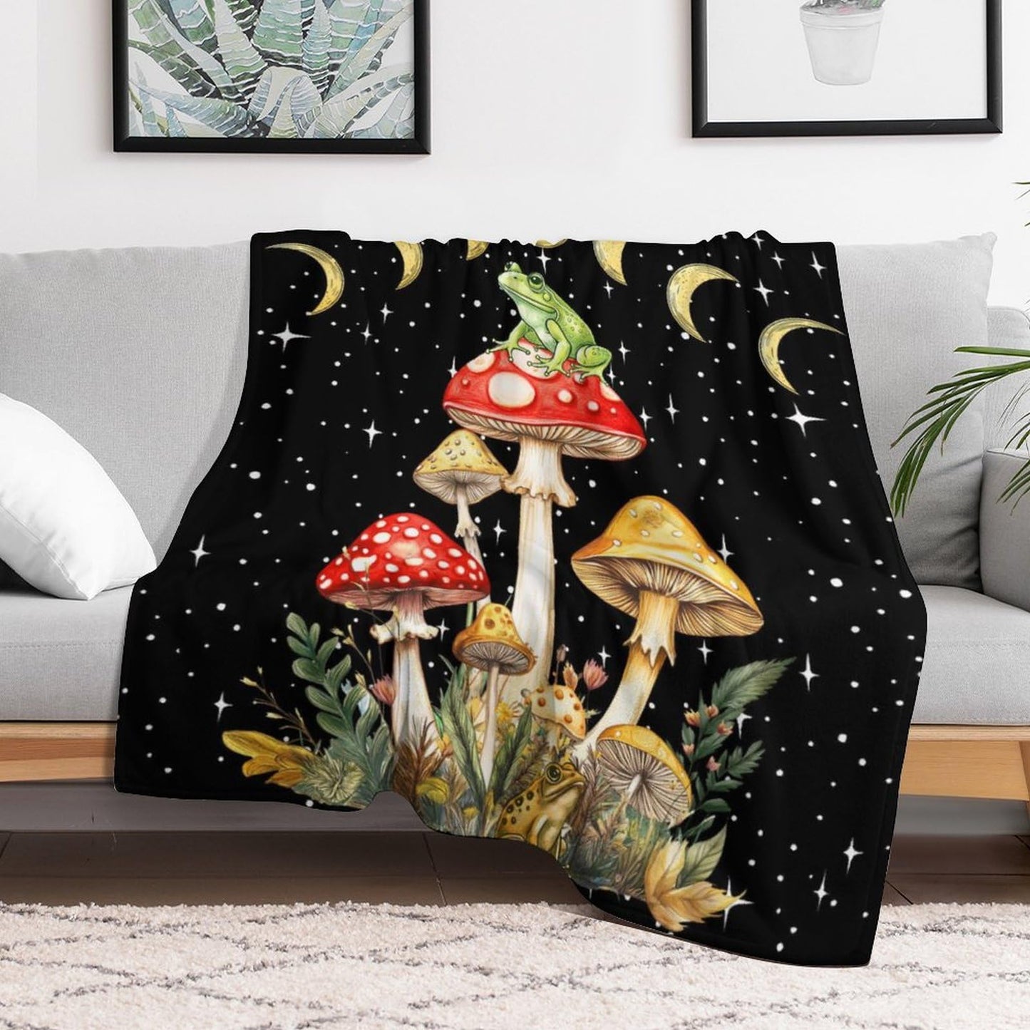 Mystical Frog and Mushroom Throw Blanket for Teens Boys Girls and Adults Soft Warm Cozy Funny Food Midweight Flannel Blankets for Couch Sofa Bed Camping Travel Home Decor 40" X 50"