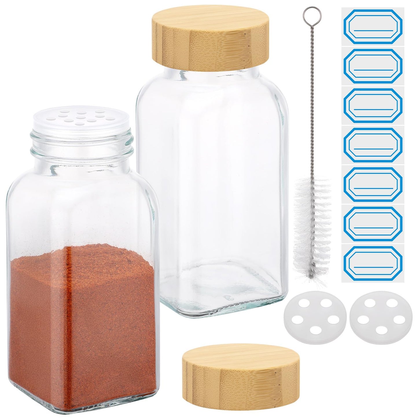 Segarty 6oz Spices Jars with Bamboo Shaker Lids, 2 PCS 180ml Square Spice Containers, Empty Glass Seasoning Organizers for Spices Herbs Storage, Large Salt and Pepper Shakers with 7 Stickers, 1 Brush