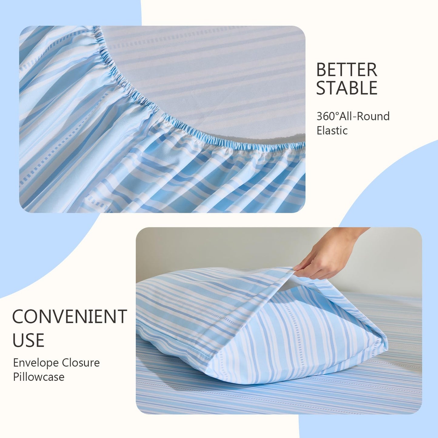 MCO 4Pieces Striped Sheets Set, Breathable King Sheet Set with 16" Deep Pocket,Modern & Luxury, Brushed Microfiber Bedding Set(King, Blue)