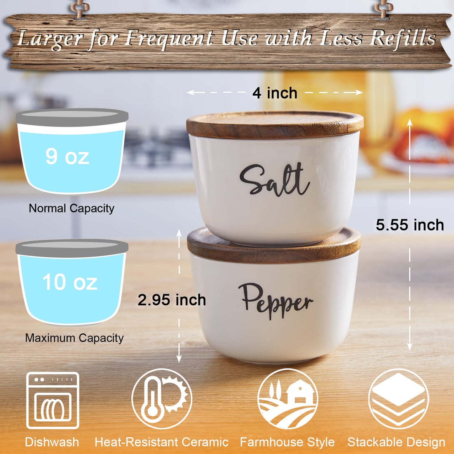 Ceramic Spoon Rest for Stove Top, Extra Large Spoon Holder, Farmhouse Spoon Rest for Kitchen Counter, White Bundle Farmhouse Salt and Pepper Bowls, 10 oz Ceramic Salt Cellar with Wooden Lid