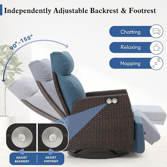 Adjustable Outdoor Recliner Chair with Independent Backrest & Footrest, Patio Swivel Recliner Chair, Wicker Reclining Patio Chair w/Flip-Up Table, 155° Lay Flat Chaise Lounge, Blue, 2PCS