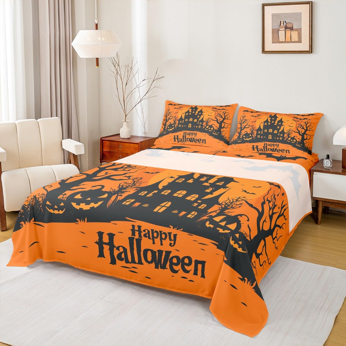 jejeloiu Halloween Decor Bed Sheets Set Twin Size Pumpkins Bed Set for Kids Boys Girls Haunted Houses Deep Pocket Fitted Sheet Dead Tree Breathable Soft Lightweight Microfiber