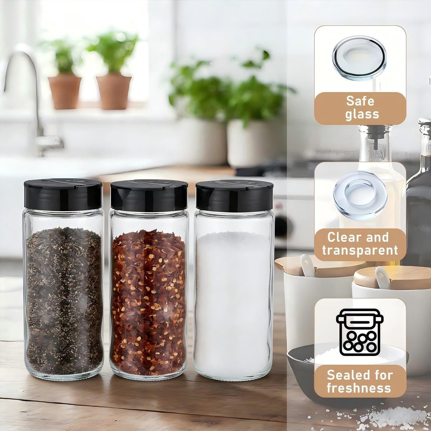Acellegic 3 Pack 16 oz Glass Spice Jars with Shaker Tops Lids Large Spice Bottle with Lids for Kitchen, Herbs, Sugar, Pantry Herb Salt Pepper Storage (Round)