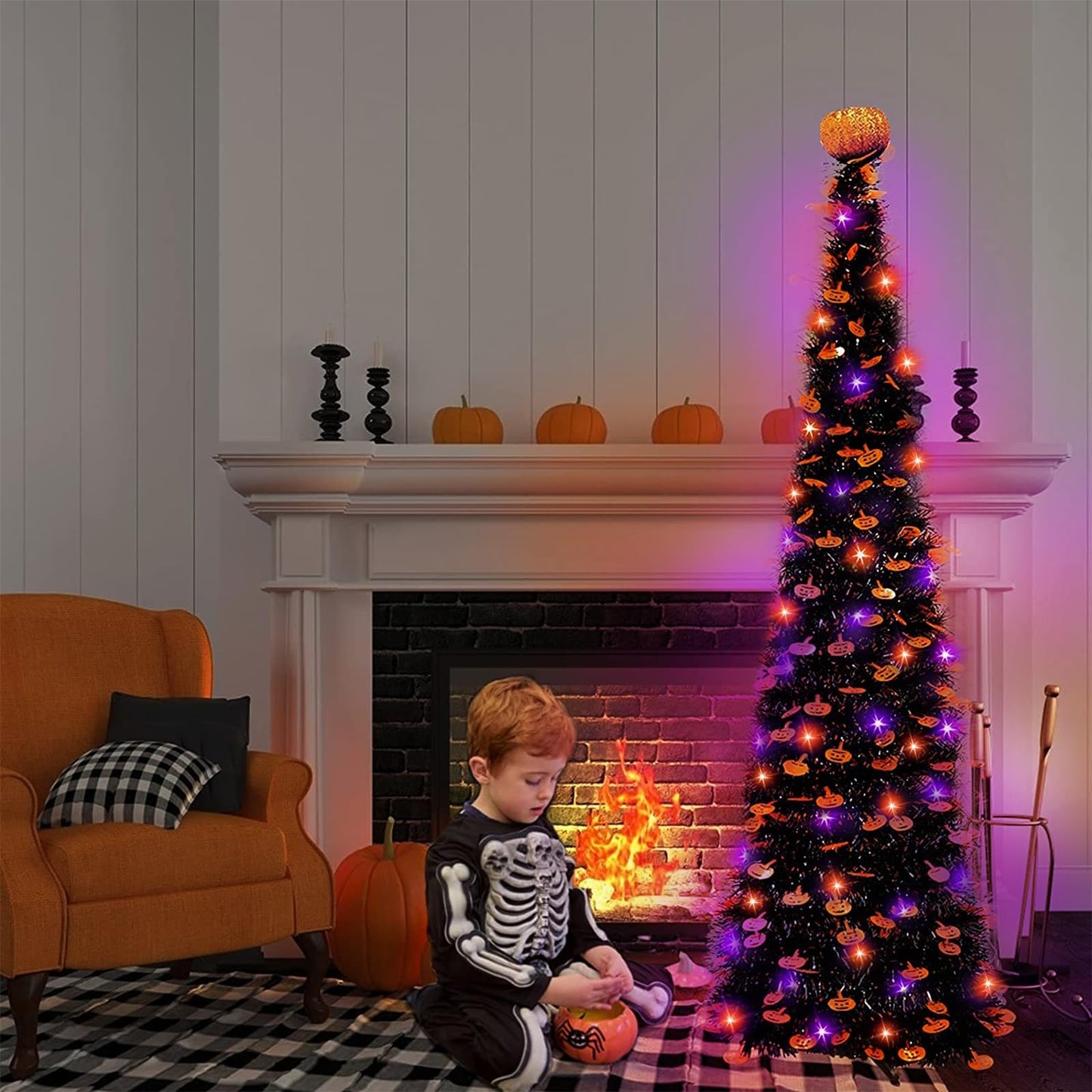 TURNMEON 5Ft Black Tinsel Halloween Tree with 50LED Orange Purple Lights Timer 8 Modes Pumpkin Ornament Pop Up Artificial Pencil Tree Halloween Decorations Home Party Indoor Outdoor