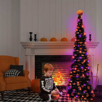 TURNMEON 5Ft Black Tinsel Halloween Tree with 50LED Orange Purple Lights Timer 8 Modes Pumpkin Ornament Pop Up Artificial Pencil Tree Halloween Decorations Home Party Indoor Outdoor