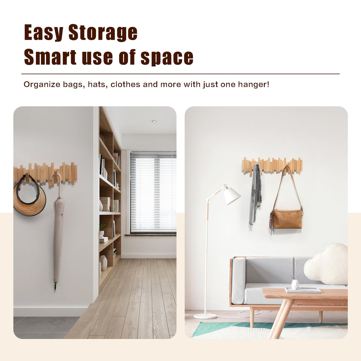 DESAINOPH® Wooden Coat Rack Wall Mounted Sticks Multi Rack Solid Handmade Natural Wood Artwork with 5 Flip-Down Unique Modern Hooks for Coats Bag Hat Umbrella