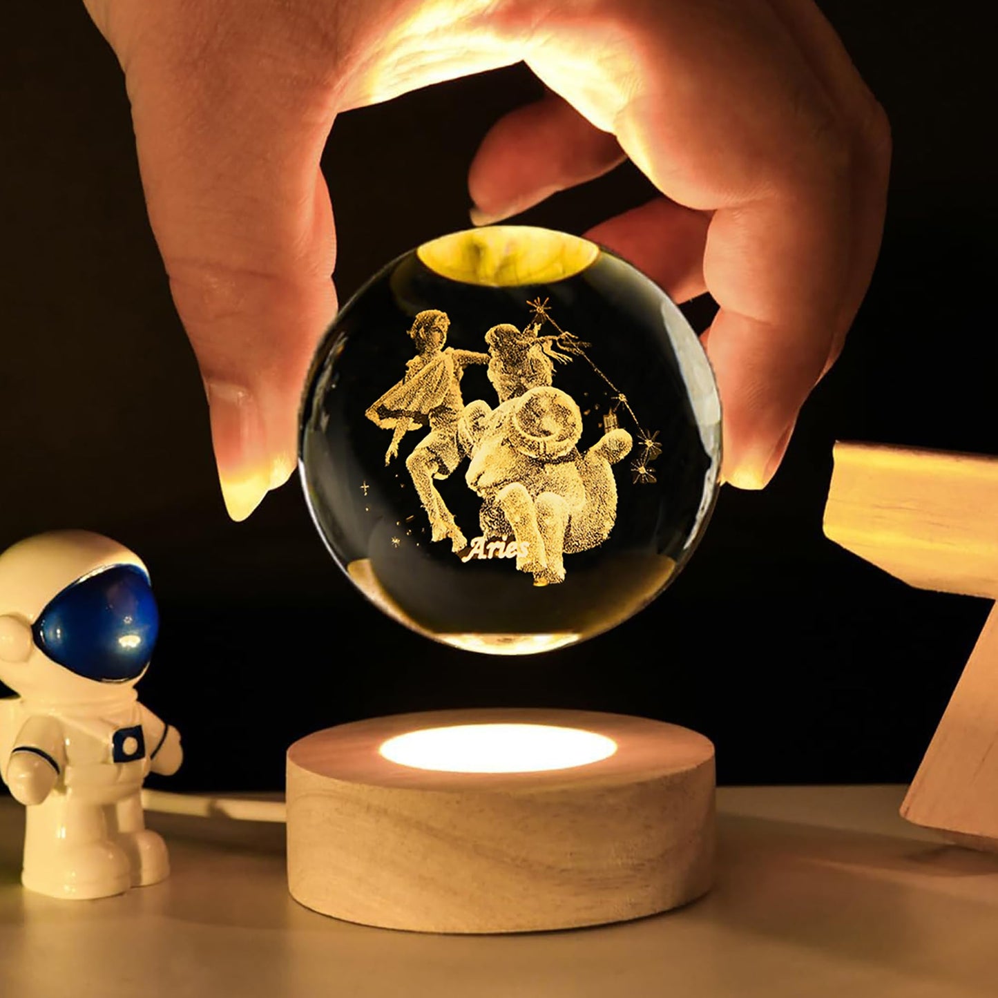 QIANCHANG 3D Laser Etched Aries Crystal Ball with LED Light Stand, Constellation Decor Glass Sphere Lamp, Zodiac Astrology Birthday Gifts for Women Kids