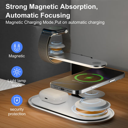 4-in-1 for Magsafe Wireless Charging: 15W Qi Magnetic Fast Charger Station Pad with Night Light for iPhone 17 16 15 14 13 12 Pro Max-for Apple Watch and AirPods Series-Desk Nightstand Bedside, Silver
