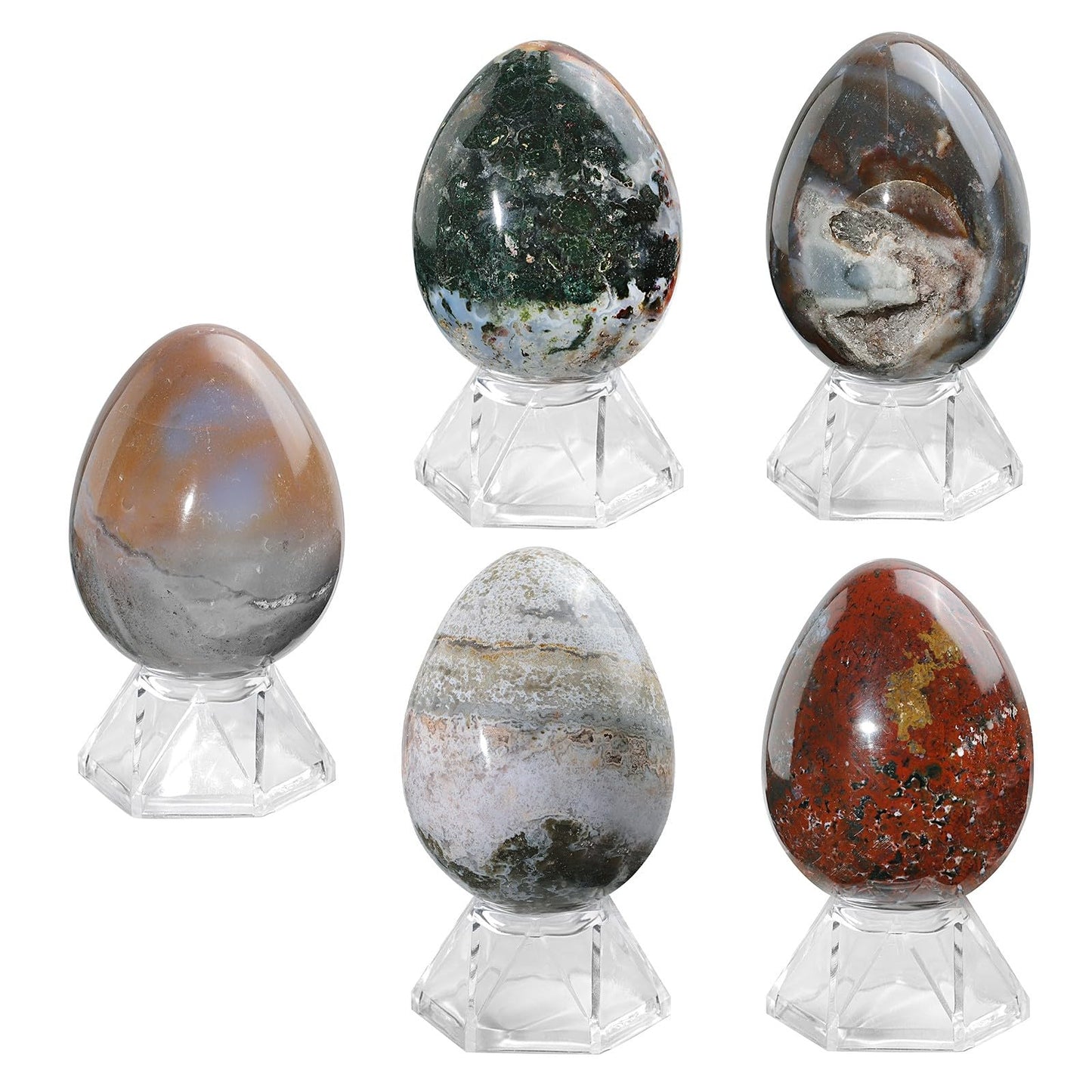 mookaitedecor Natural Ocean Japser Crystal Egg Decor, Polished Geode Stone Egg with Acrylic Stand for Easter Home Tabletop Display, 48-70 mm High, 100-200g