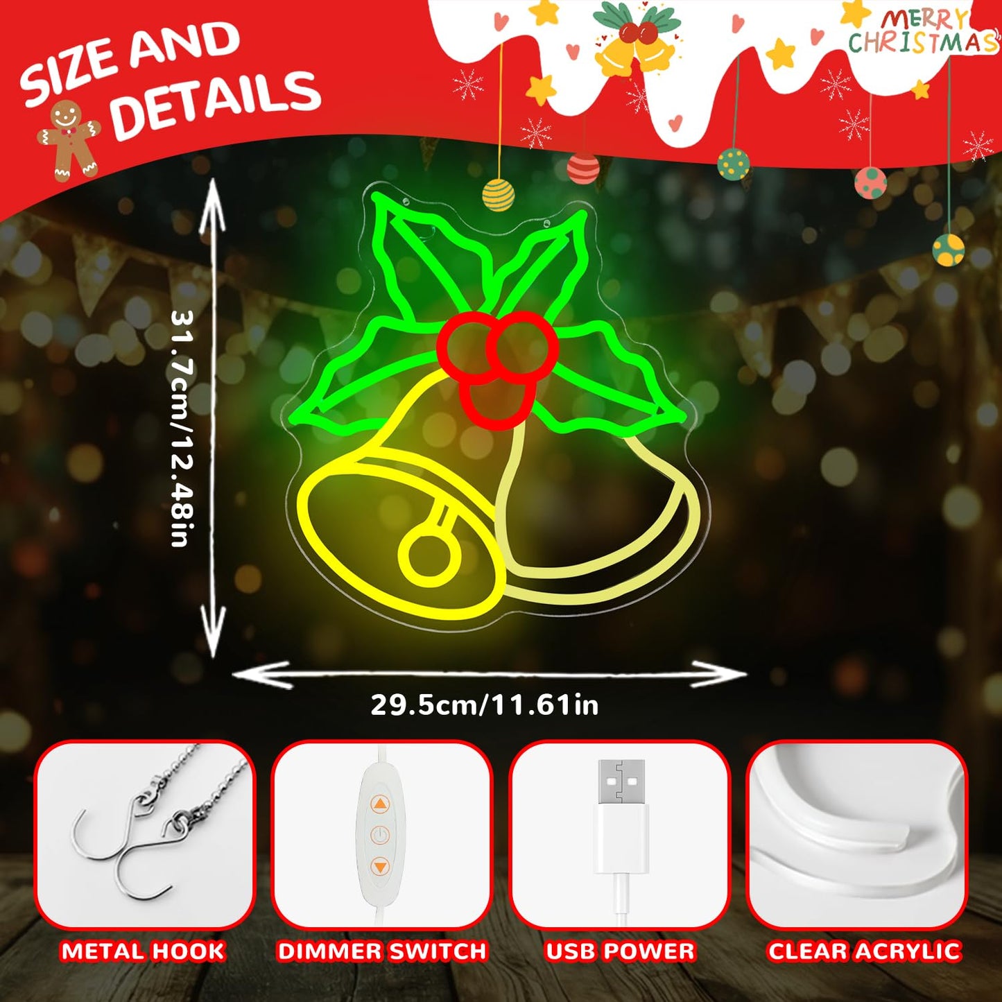 hhuohuona Christmas Bells Neon Signs for Wall Decor Dimmable Neon Christmas Sign Flashing Bell with Holly Led Sign Xmas Light Up Sign Led Window Lights for Home Party