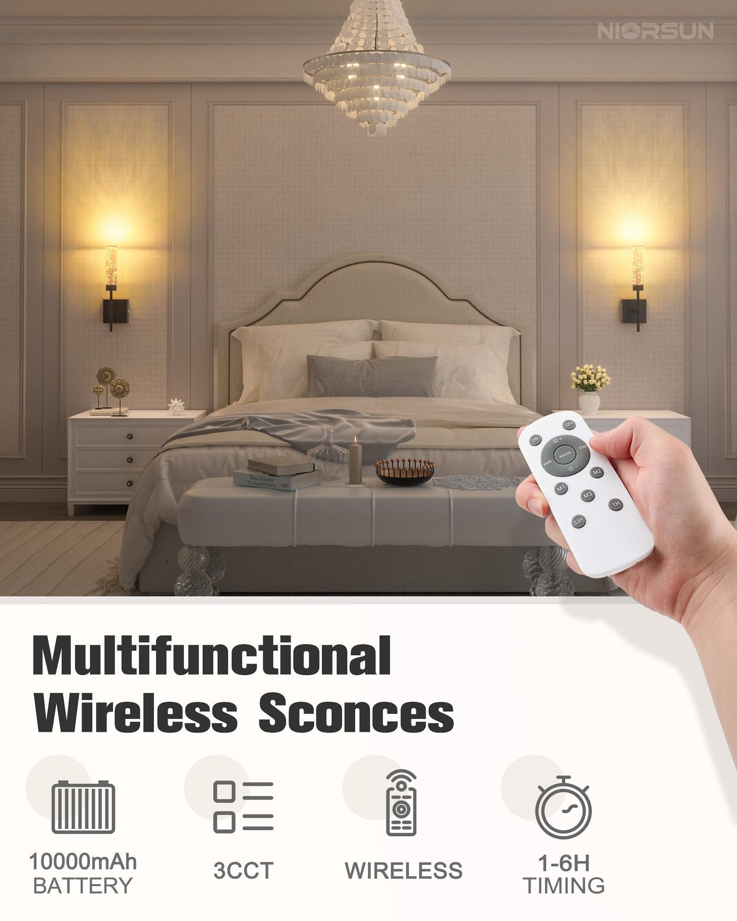 NIORSUN Crystal-Inspired Bubble Wireless Wall Sconces, 10000mAh Battery Operated Wall Sconces Set of 2, 3 Color Temps Rechargeable Wall Lights with Remote, Dimmable Wall Lamp for Living Room Bedroom