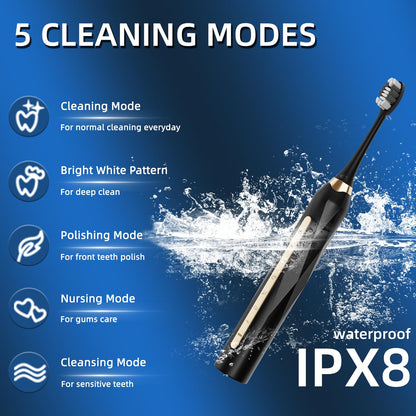 Adult Sonic Electric Toothbrush, USB Rechargeable Sonic Toothbrush, with 12 Brush Heads, 5 Modes, Equipped with Cleaning Brush, Brushing and Washing Two in one