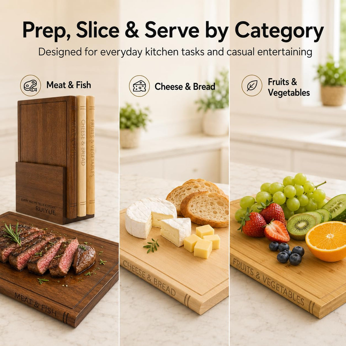 Book Shaped Cutting Board Set with Walnut Stand, 3 PCS Wooden Cutting Boards (13"x10"), Maple Sapele & Bamboo Charcuterie Serving Boards, Decorative Kitchen Decor Gift for Housewarming (1Set)