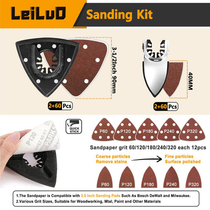 LEILUO 127 Pcs Multi Tool Sanding Pad Kit 2Pcs 3-1/2 Inch Triangle Sanding Pads 2Pcs Fingertip Sand Pad 120Pcs Sandpaper 3Pcs Adapters Compatible with DeWalt Dremel Milwaukee and More