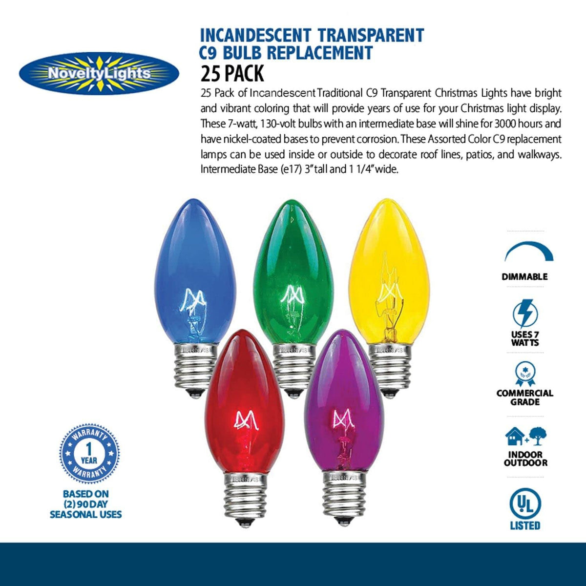 Novelty Lights Incandescent Christmas Replacement Bulbs - Indoor/Outdoor Individual Bulbs for Christmas Tree, Display, & More - C9/E17 Intermediate Base, 7 Watt Lights (Yellow, 25 Pack)