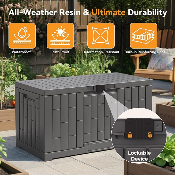 NEWBULIG 60 Gallon Deck Box, Waterproof Outdoor Storage Box with Lockable Lid, Patio Furniture Bench & Side Table, Outside Storage Container, Tool-Free Assembly, for Garden, Pool, Grey