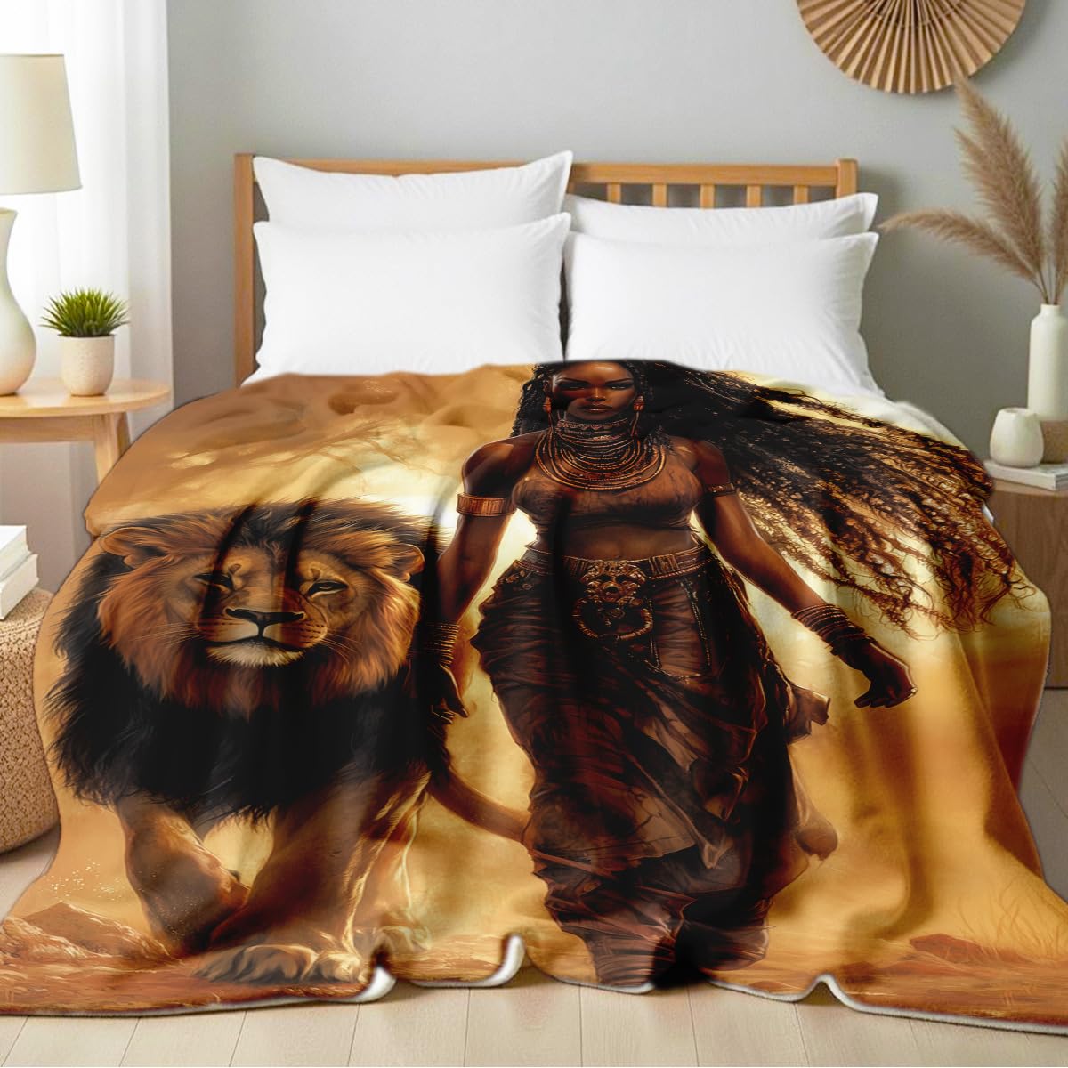 HUNXIAOJ African American Throw Blanket Lion Animals and Black Women Print Blankets Soft Flannel Bedding for Couch Bed Room Home Decor (49"x59")
