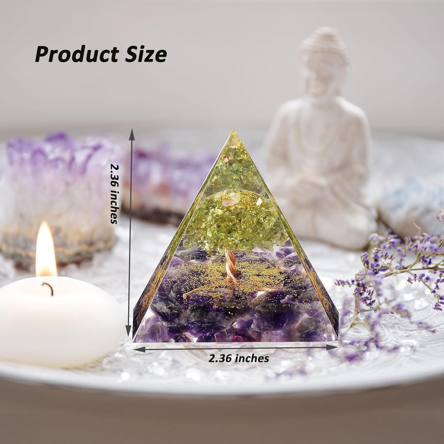 EternalOrgone Tree of Life Orgone Pyramid for Positive Energy, Orgonite Peridot&Amethyst Healing Crystal Pyramids for Reduce Stress Chakra Reiki Healing Meditation Attracts Lucky and Success