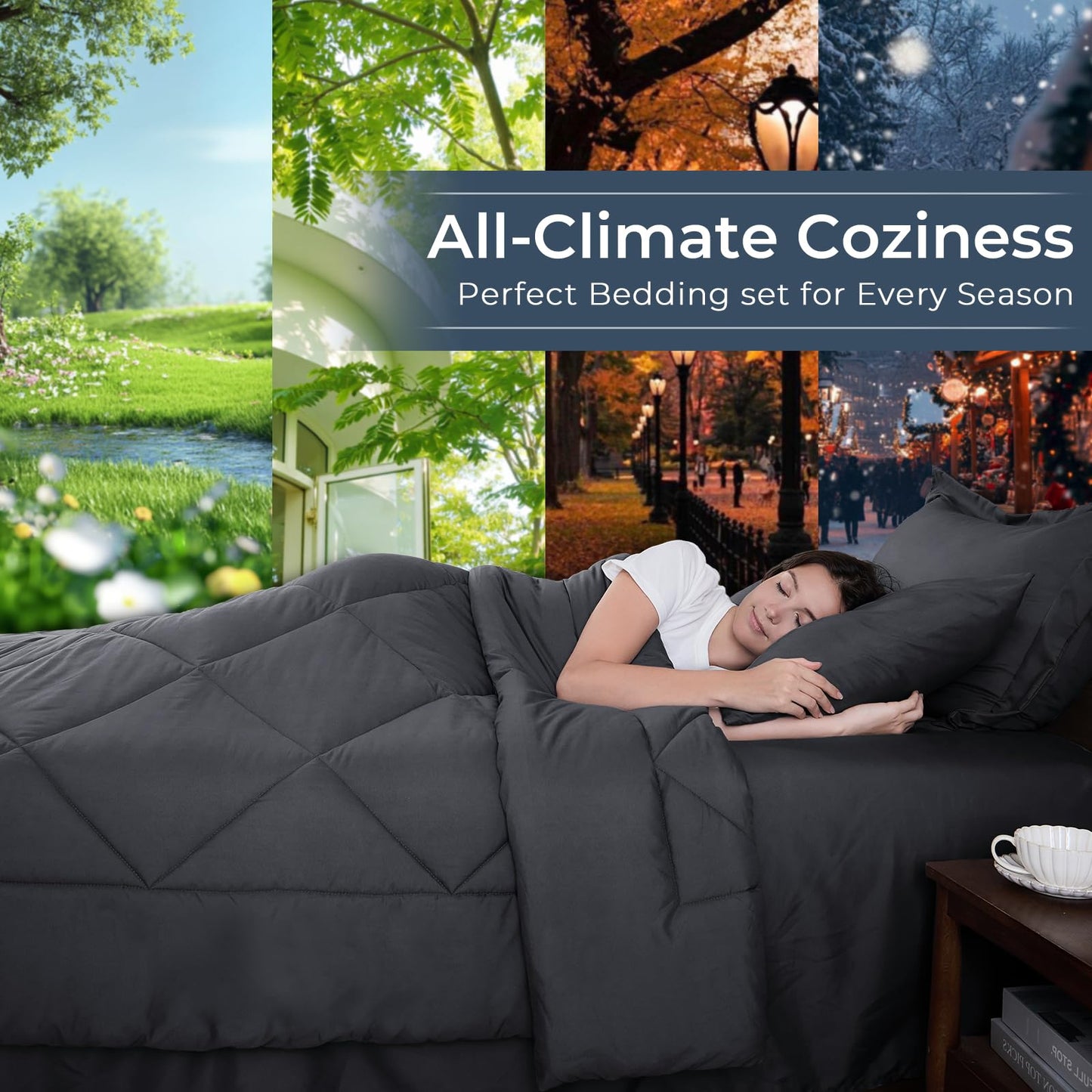 HEVUMYI Full Comforter Set - 7-Piece All Season Bed in a Bag Full, Ultra Soft Bedding Set with Comforter, Flat Sheet, Fitted Sheet, Pillowcases, Pillow Shams, Dark Grey