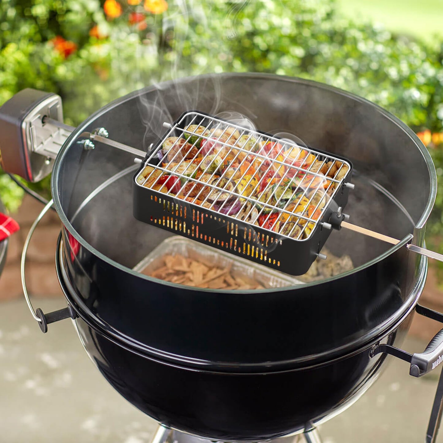 onlyfire Adjustable Rotisserie Basket, Stainless Steel Flat Rotating Cages Fits 1/2" Hexagon, 3/8" Hexagon, 3/8" Square & 5/16" Square Rotisserie Spit Rods and Most Chacoal, Kamado and Gas Grills