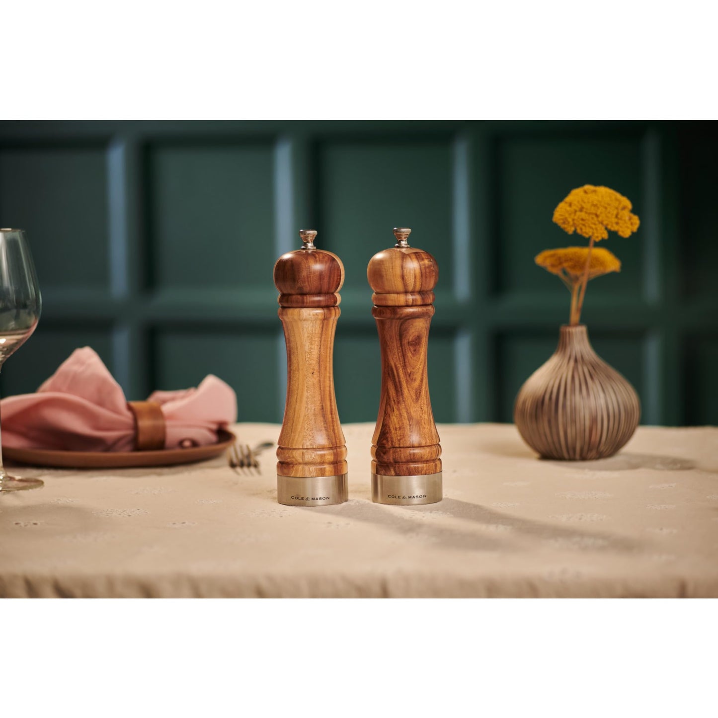 Cole & Mason Camden Acacia Salt & Pepper Mill - Dual-Use Grinder - Interchangeable Knobs - Adjustable Fine-to-Coarse Grind - Stylish Acacia Wood Kitchen Tool - 8 Inch
