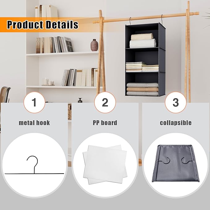 Hanging Closet Organizer and Storage 3-Shelf, Easy Mount Foldable Hanging
