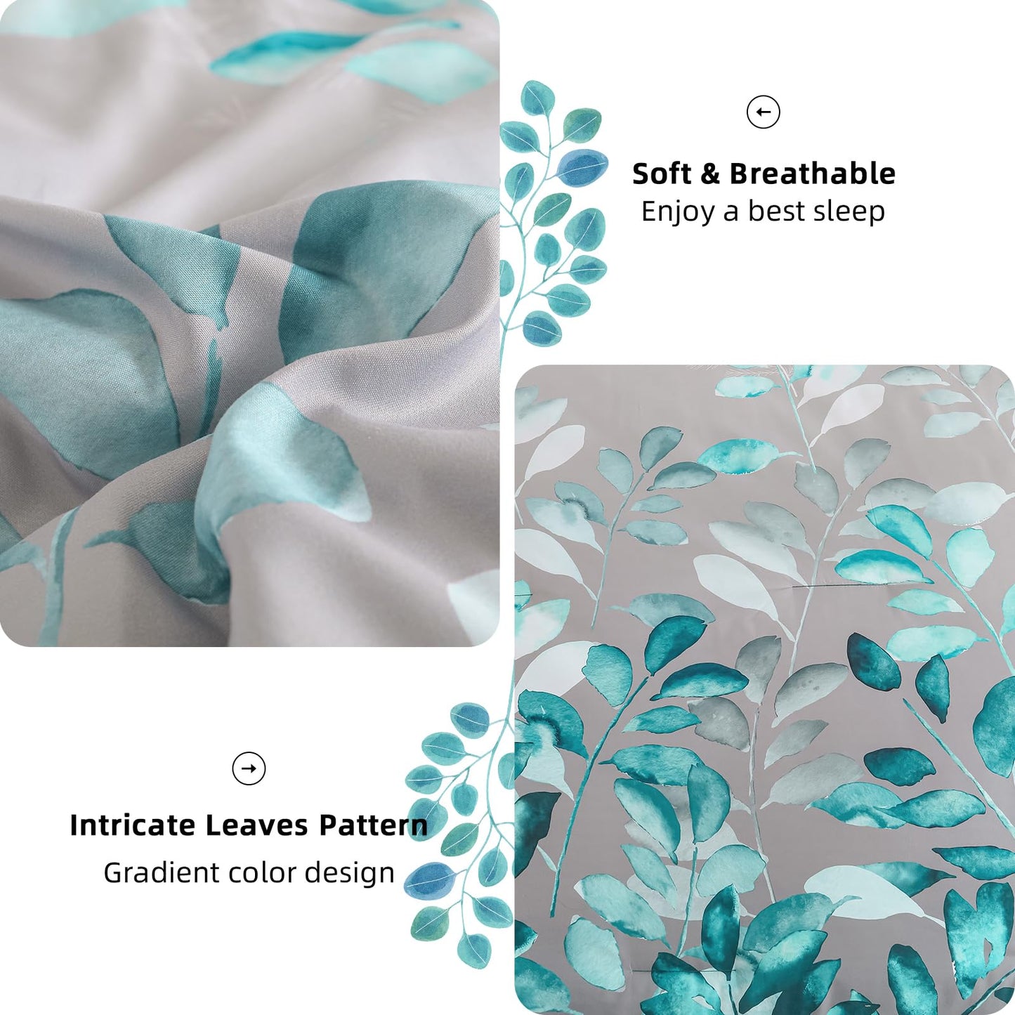 Anibedding Teal Green Floral Comforter Set Queen, 7 Piece Green Botanical Gradient Leaves Ultra Soft Microfiber Down Alternative Bedding Set with Sheets and Bedroom for All Season