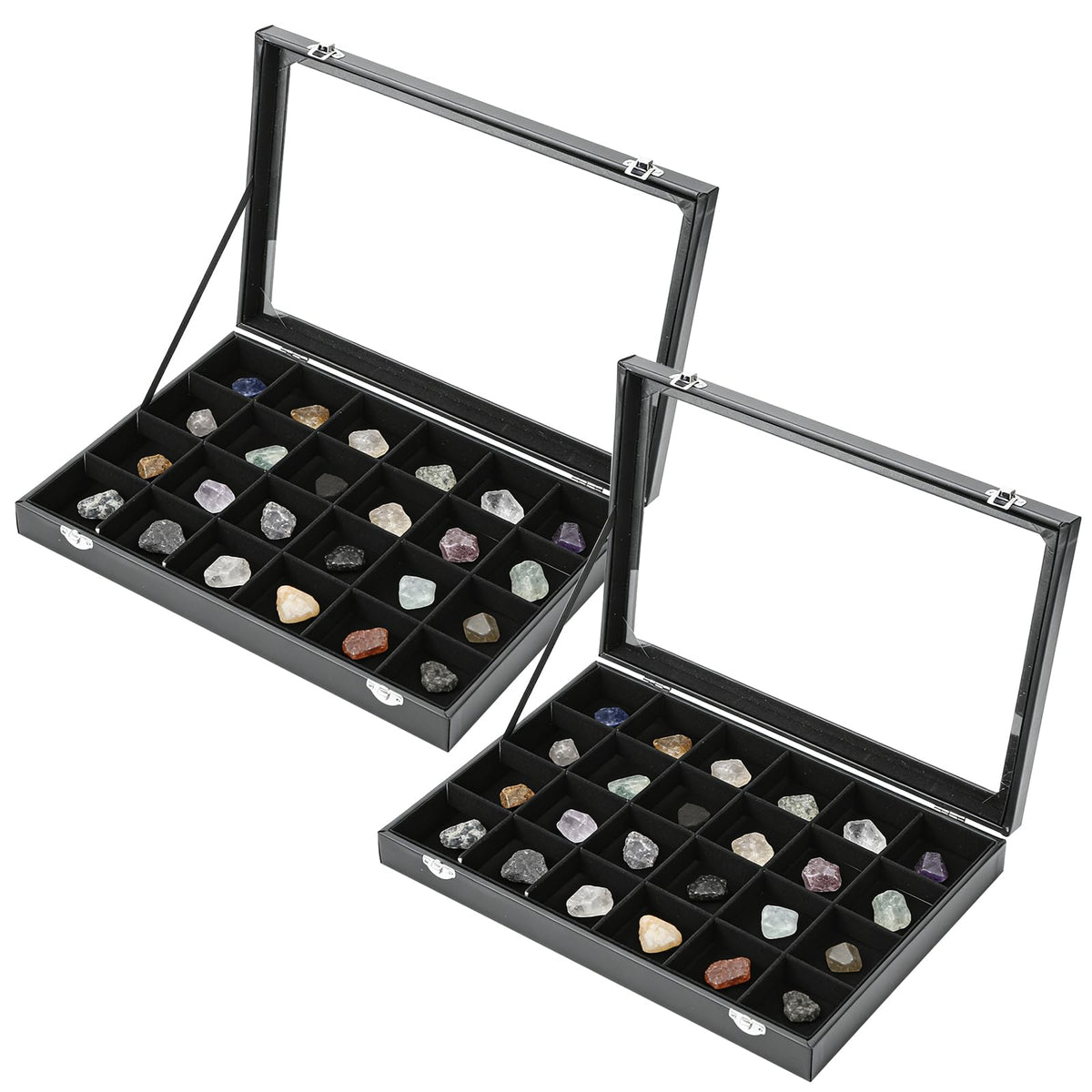 Acrux7 2 Pack Rock Collection Display Case, 24 Grid Rock Display Case, Black PU Leather Rocks Collection Box with Clear Glass Lid and Soft Velvet Grids for Collectibles, Gemstone, Crystal, Small Stone