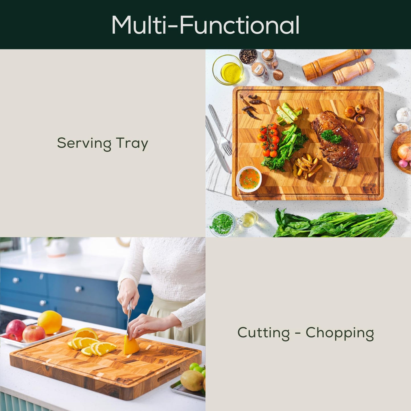EZ FURNITURE Set of 3 Acacia Edge Grain Cutting & Charcuterie Boards with Extra Stand, Reversible Knife-Friendly Wooden Design with Juice Groove & Handles, Non-Toxic, Gift Box Included