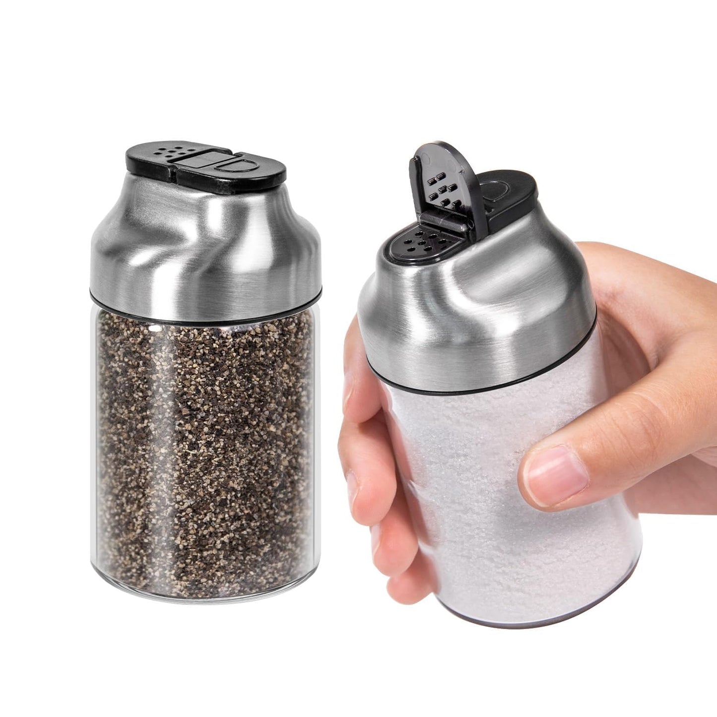 Aelga Salt and Pepper Shakers Set - 5 OZ Glass Salt Shaker with Adjustable Pour Holes - Sugar Dispenser with Stainless Steel Lid - Elegant Kitchen Table Accessories