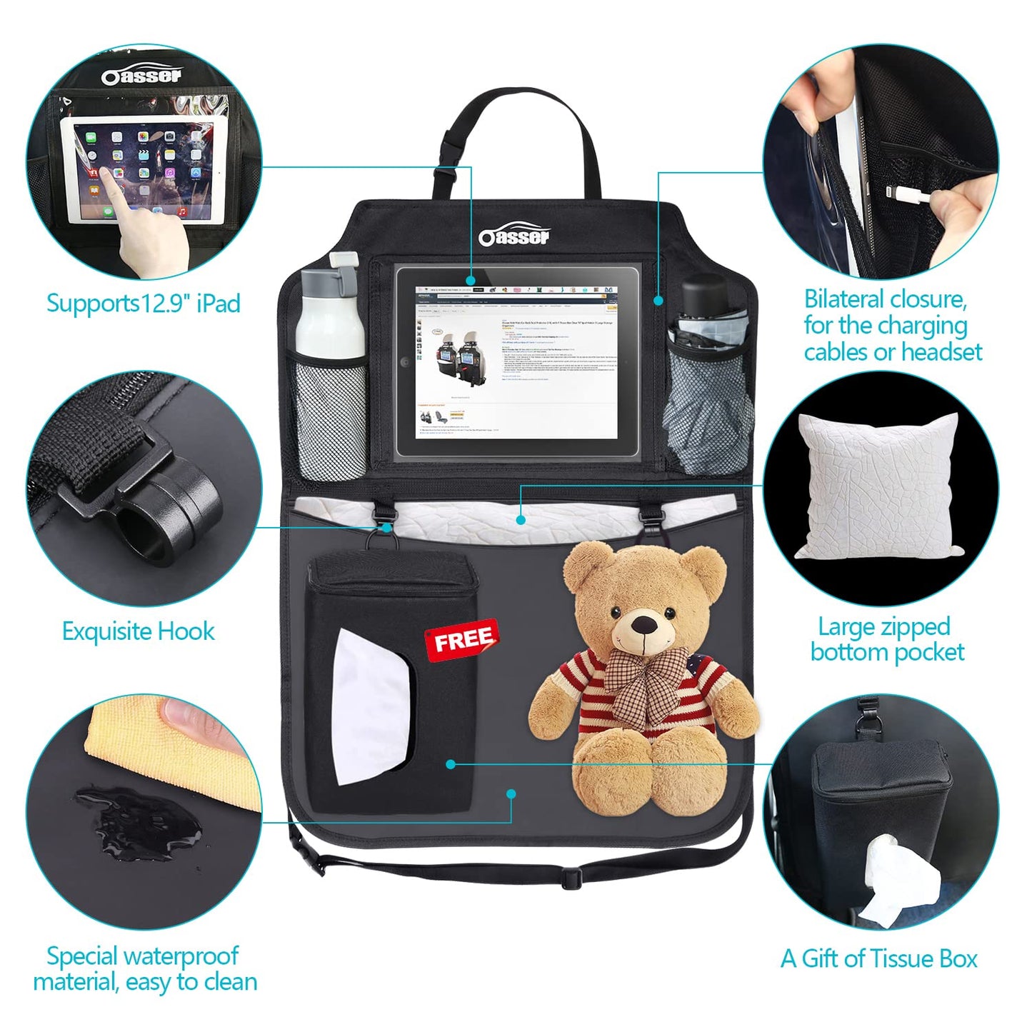 Oasser 2PCS Kick Mats Car Organisers Waterproof Seat Back Protectors with 12.9'' iPad Tablet Touch Screen Holder Multi Pockets Including Tissue Box
