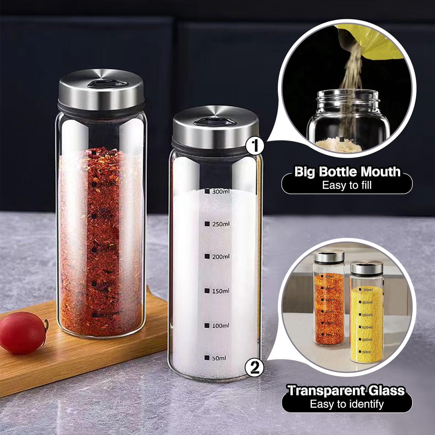 XZJYXJN Salt and Pepper Shakers Set Large Salt Shaker with Adjustable Pour Holes,Glass Salt and Pepper Dispenser Spice Jars with Stainless Steel Lid,Salt Shakers for Kitchen