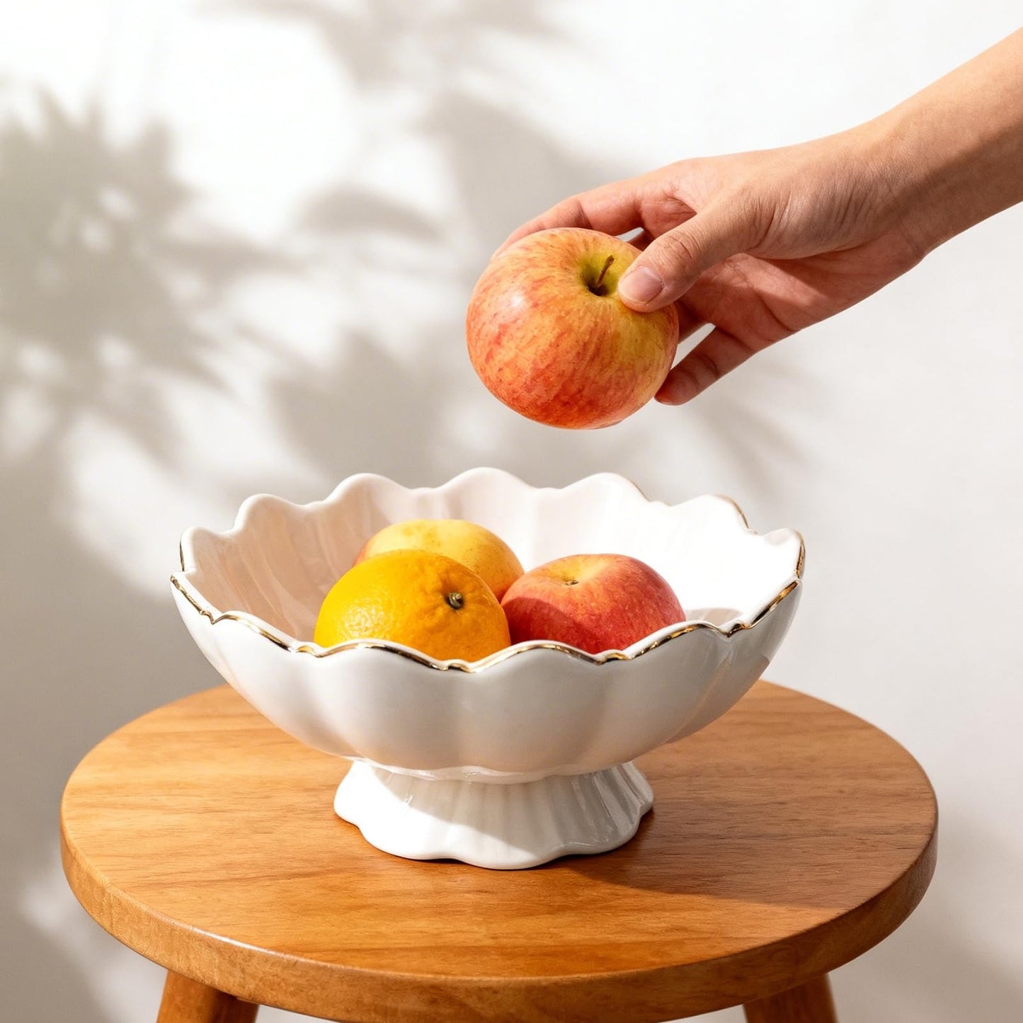 White Small Decorative Bowl 8 Inch Ceramic Key & Fruit Bowl Ruffle Lotus Shape with Gold Rim Candy Bowl, Multi-Use Centerpiece Pedestal Bowls for Kitchen Counter, Coffee Table, Entryway, Wedding