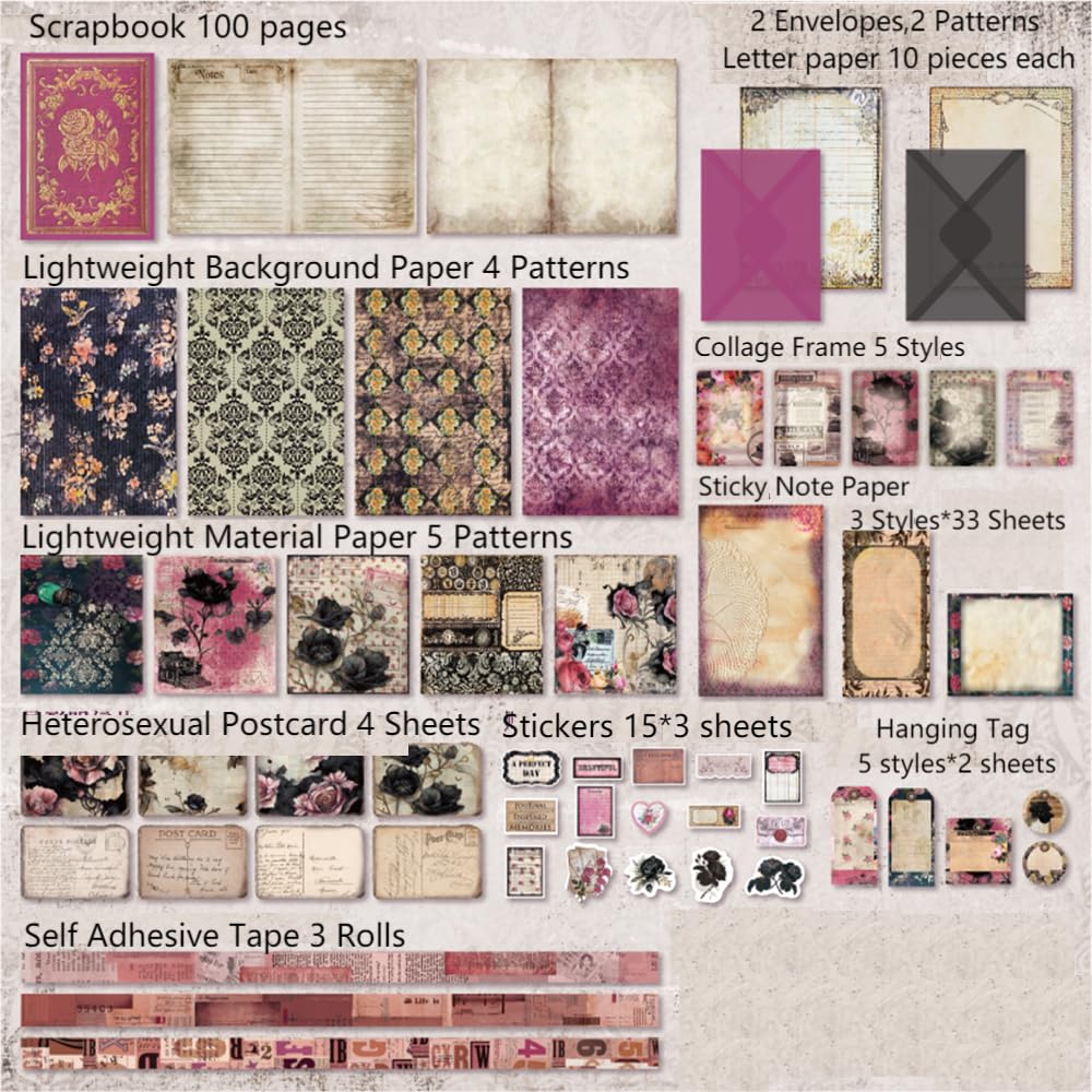 Diuhofart Vintage Scrapbooking Supplies Kit, 185pcs Junk Journal Kit with Scrapbook Paper A6 Aesthetic Notebook, Scrapbook Kit, Art Craft DIY Gift for Adult Women