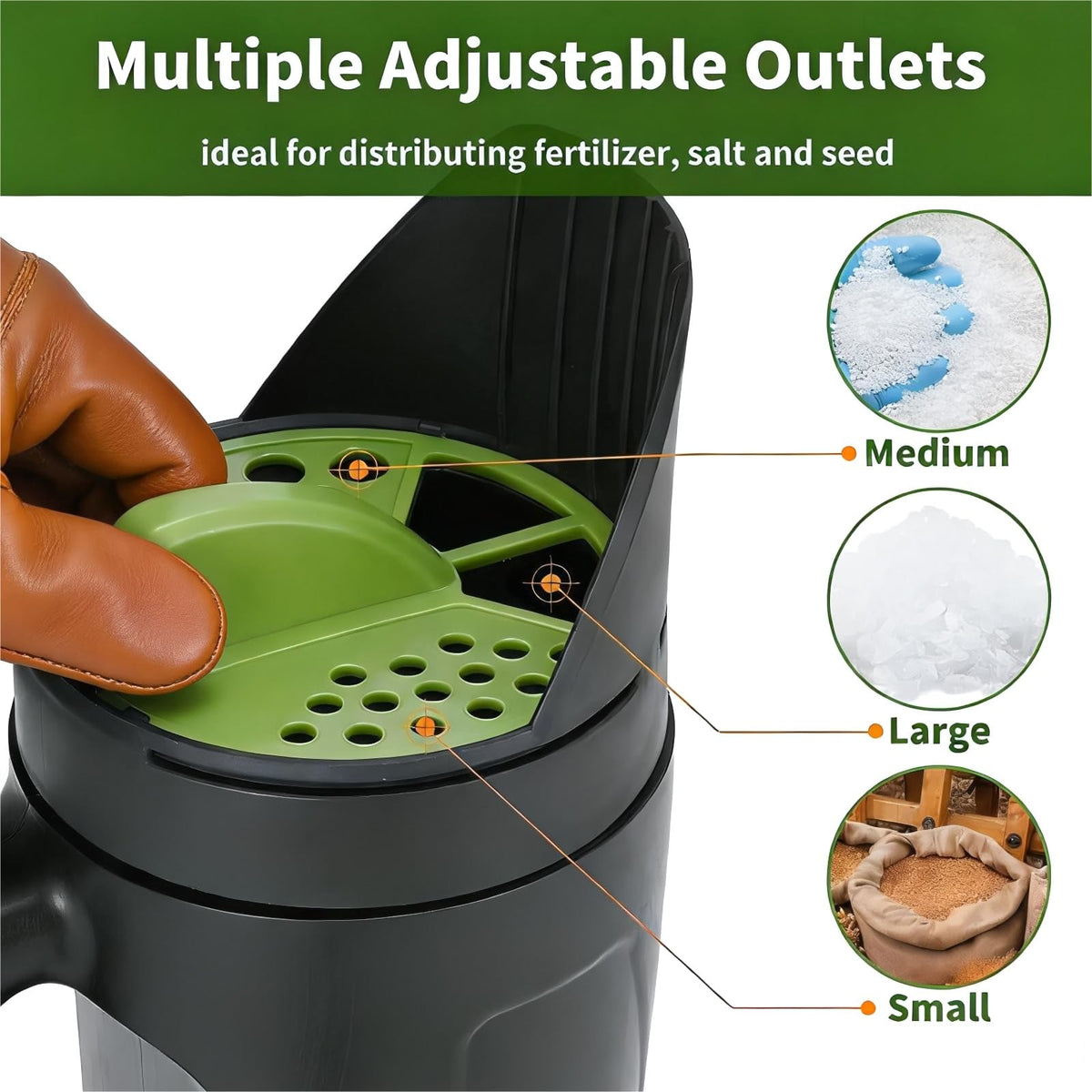 Handheld Spreader Shaker for Seed, Fertilizer, Earth Food, Salt and Ice Melt | Multiple Opening Sizes for Any Need | 80 Oz Capacity for Lawn & Garden