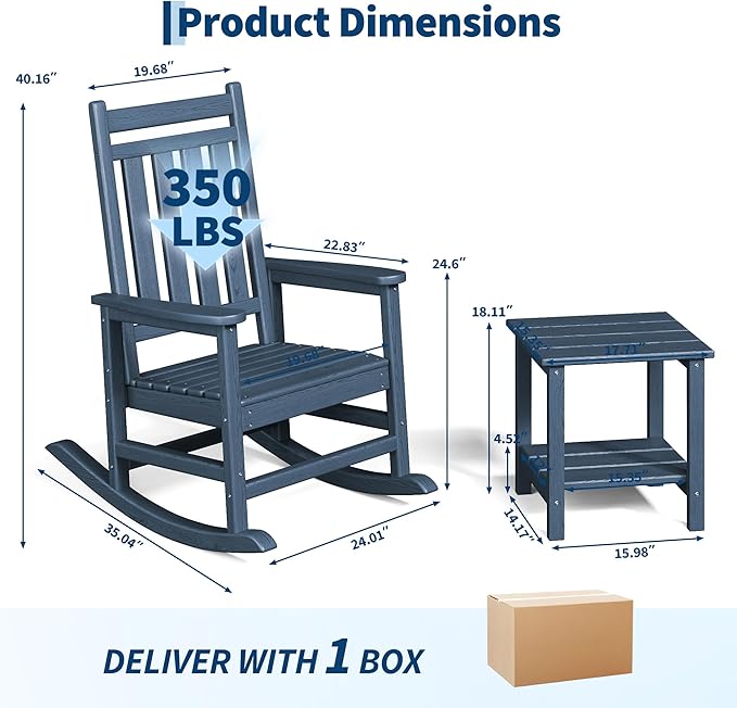 HDPE Rocking Chair Outdoor Set of 2 with Side Table - Poly High Back Porch Rocker Chairs for Adults - All Weather Resistant Furniture for Patio Front Porch - Navy Blue
