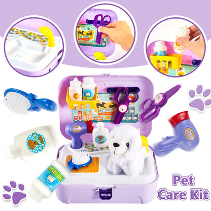 HERSITY Kids Vet Kit Dog Grooming Toy Pet Care Role Play Games Animal Dolls Pretend Play Pet Carrier Set Toys 3 4 5 Year Old Girls Boys Children Gifts