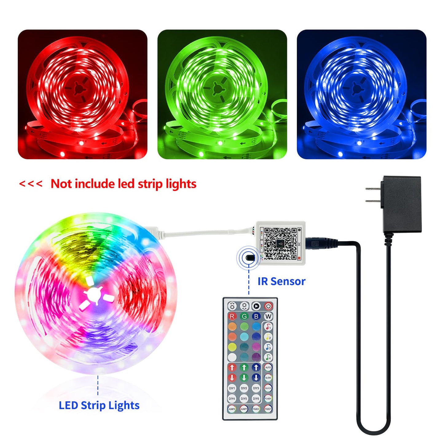 FONEWE 44 Key RGB LED Strip Lights IR Remote Control, Remote Receiver RGB LED Light Strip, 24V Power Adapter for LED Lights