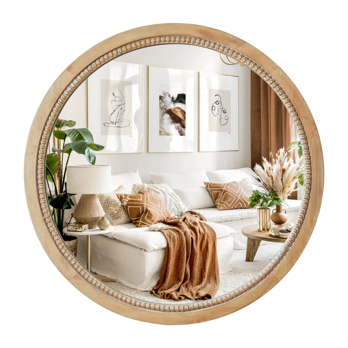 sawsile Round Wood Mirror,24 inch Circle Rustic Farmhouse Natural Wooden Frame Boho Beads Wall Mirror for Bathroom,Living Room,Bedroom or Entryway