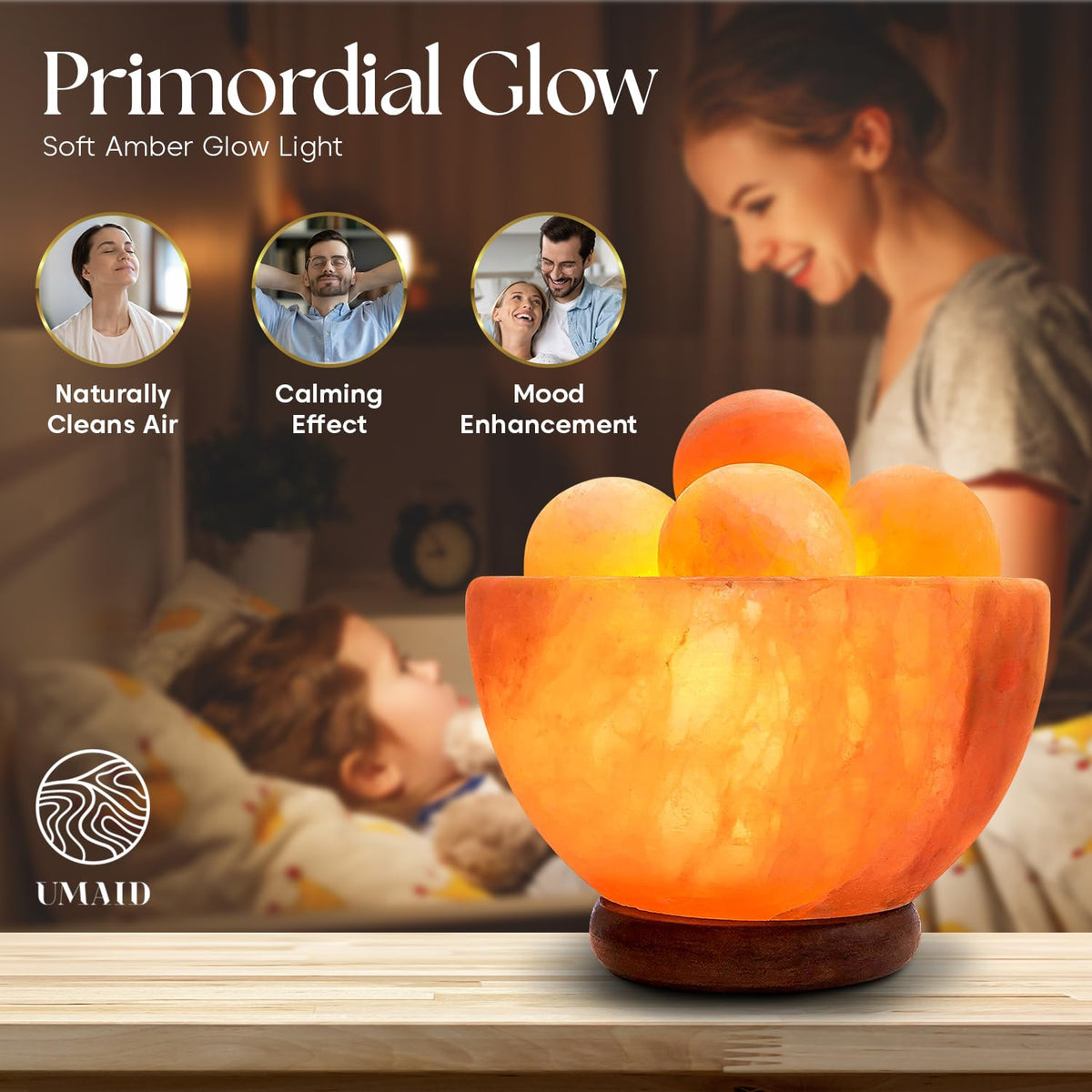 UMAID Himalayan Salt Lamp Bowl with 6 Massage Balls, Mothers Day Gifts for Mom, Dimmable Pink Rock Salt Lamp Light, Unique Home Decor for Bedroom, Spa Relaxation & Meditation