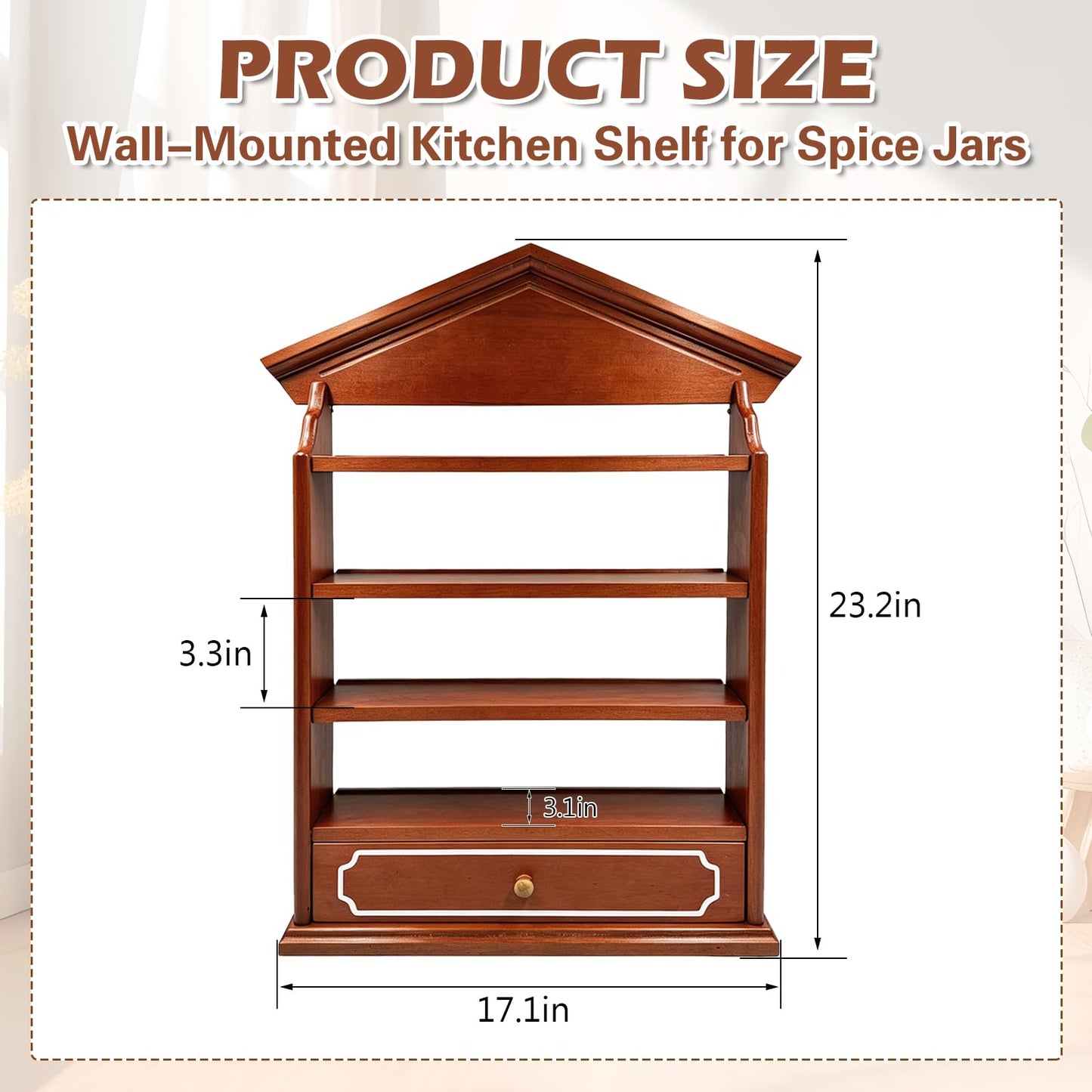 Yudlto Vintage Wooden Spice Rack with Drawer and 4 Shelves, Wall Mounted Spice Village Display Shelf for Kitchen Storage, Holds 24 Jars, 22 x 17 x 4 Inches, Rack Only