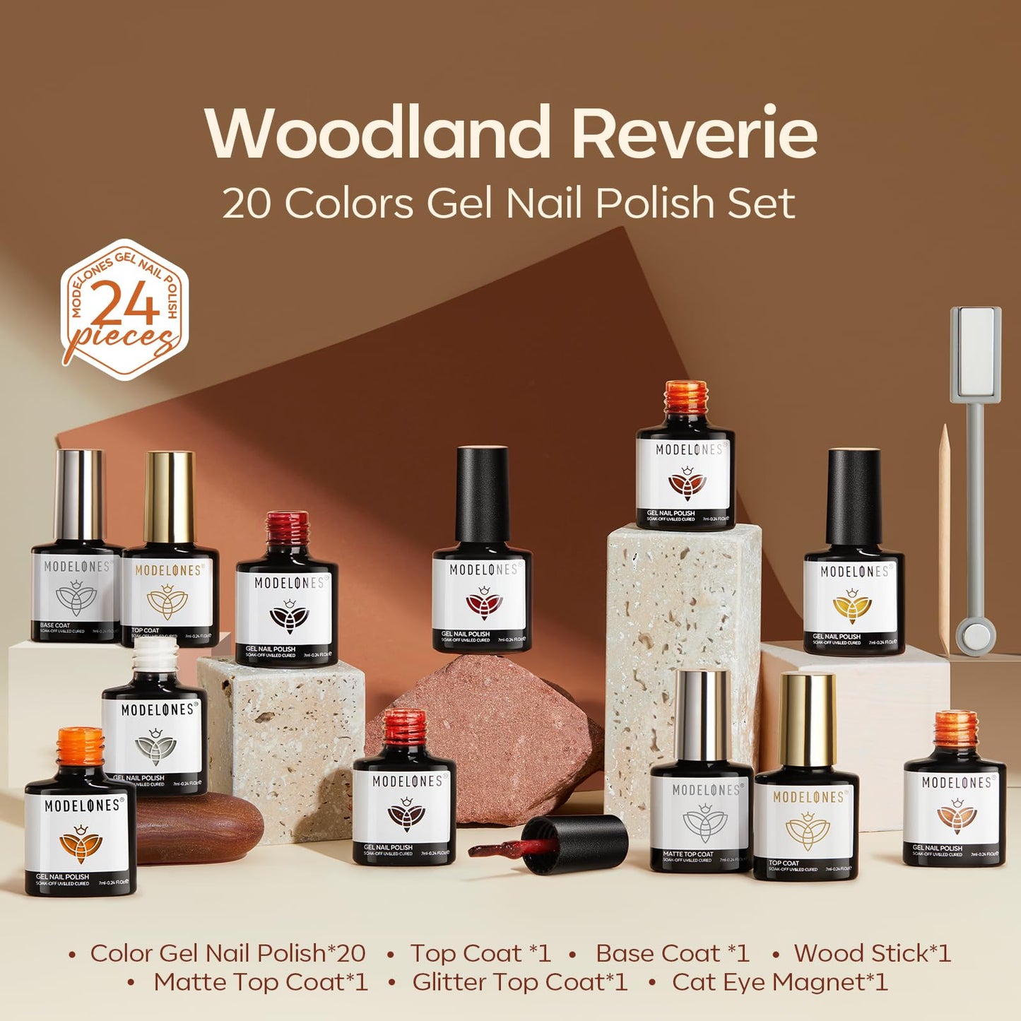 modelones 24PCS Gel Nail Polish Set, Fall Winter Cat Eye Shimmer Gel Polish Kit Soak Off with Glitter, Glossy and Matte Top Base Coat DIY Manicure at Home
