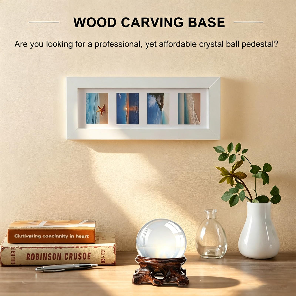 2.16" Hand Carved Solid Wood Crystal Ball Stand, 20% Thickened Heavy Duty Sphere Display Holder, Anti-Slip Integrated Stable Pedestal for 40-80mm Mineral Stone, Home Office Desktop Photography Decor