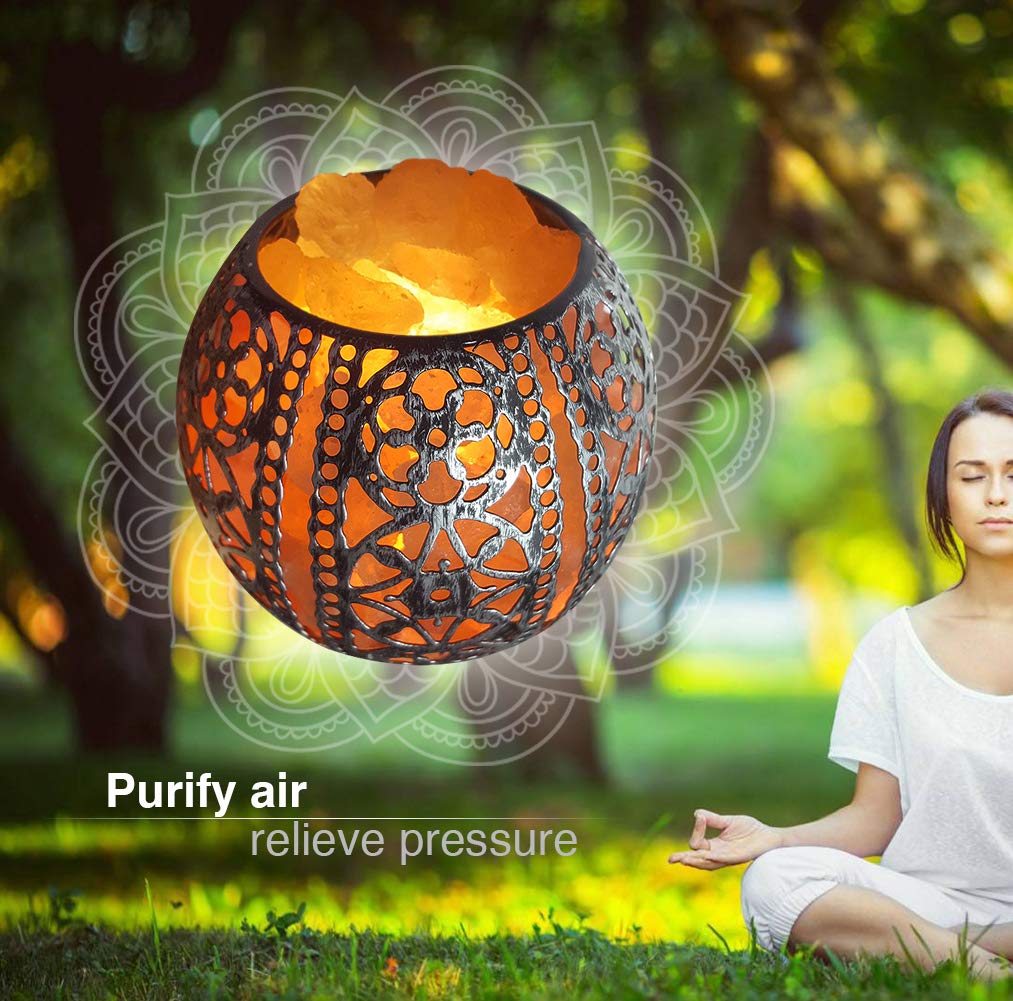 IMY King Salt Night Light,Natural Wall Light Salt Lamp with 1 Bulbs, Himalayan Rocks Salt Lamp with Spherical Metal Basket Gift（Flame lamp）